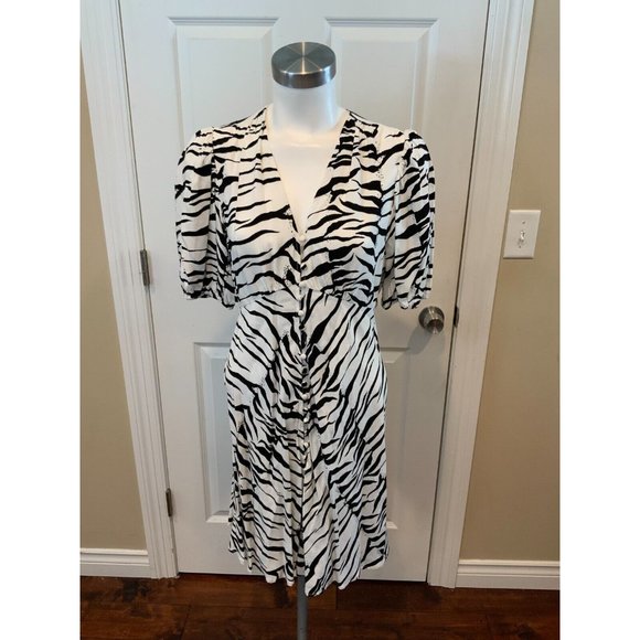 RIXO London White & Black Zebra Print V-Neck Mini Dress, Size M